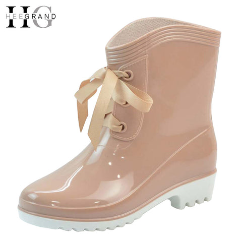 HEE GRAND Winter Rain Boots Rubber Women Ankle Boots Casual Platform Shoes Woman Lace-Up Flats Women Shoes Size 36-40 XWX4489