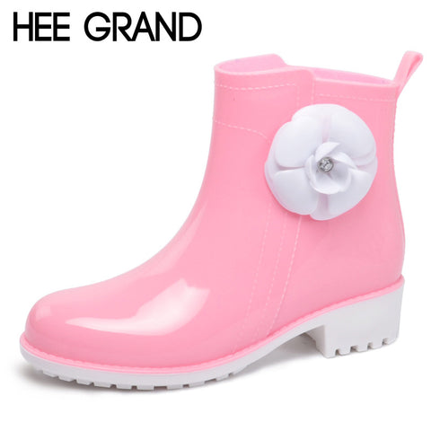 HEE GRAND Rain Boots Rubber Candy Colors Women Ankle Boots Flowers Platform Shoes Woman Casual Slip On Flats Women Shoes XWX4910