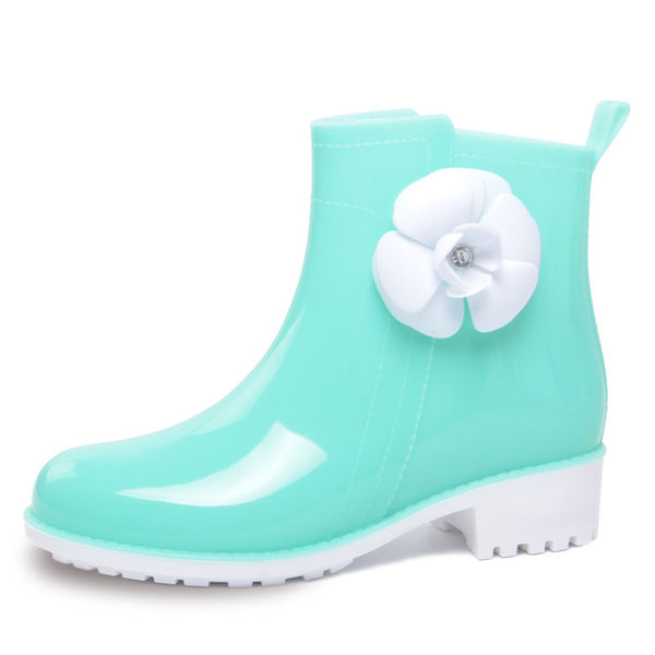 HEE GRAND Rain Boots Rubber Candy Colors Women Ankle Boots Flowers Platform Shoes Woman Casual Slip On Flats Women Shoes XWX4910