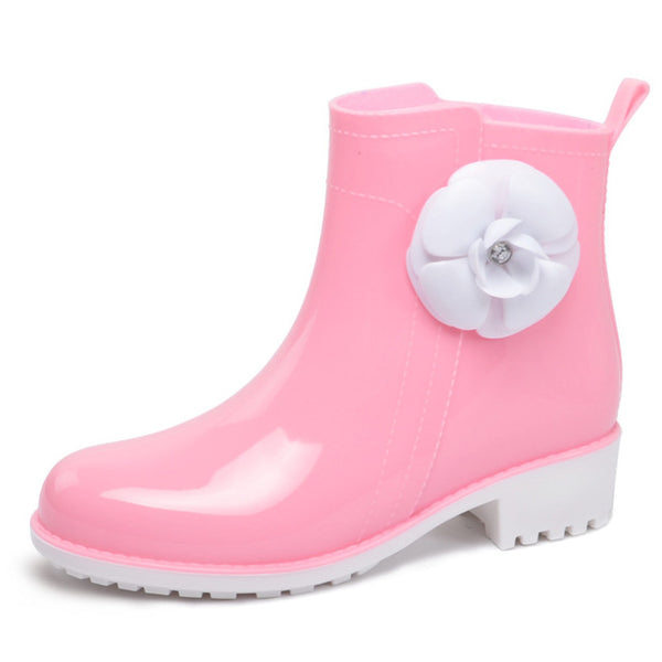 HEE GRAND Rain Boots Rubber Candy Colors Women Ankle Boots Flowers Platform Shoes Woman Casual Slip On Flats Women Shoes XWX4910