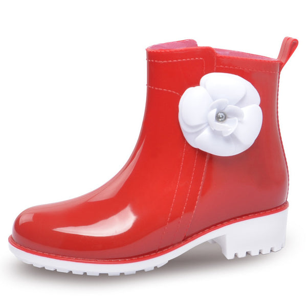 HEE GRAND Rain Boots Rubber Candy Colors Women Ankle Boots Flowers Platform Shoes Woman Casual Slip On Flats Women Shoes XWX4910