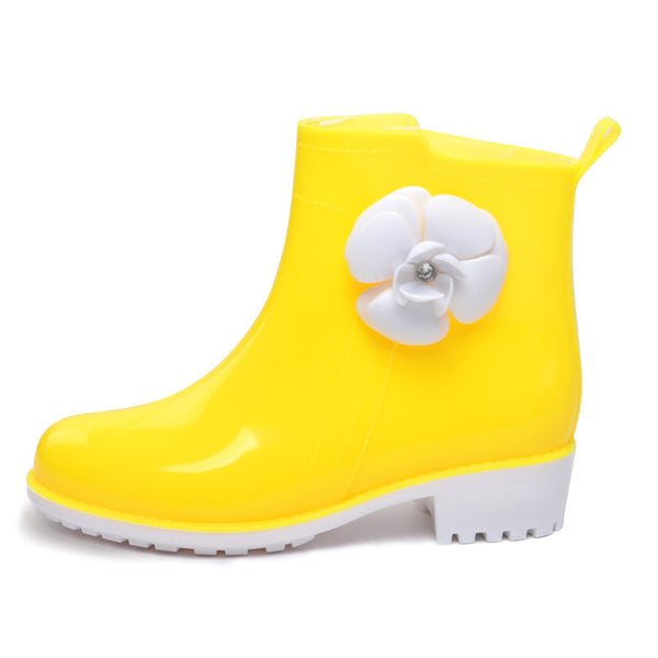 HEE GRAND Rain Boots Rubber Candy Colors Women Ankle Boots Flowers Platform Shoes Woman Casual Slip On Flats Women Shoes XWX4910