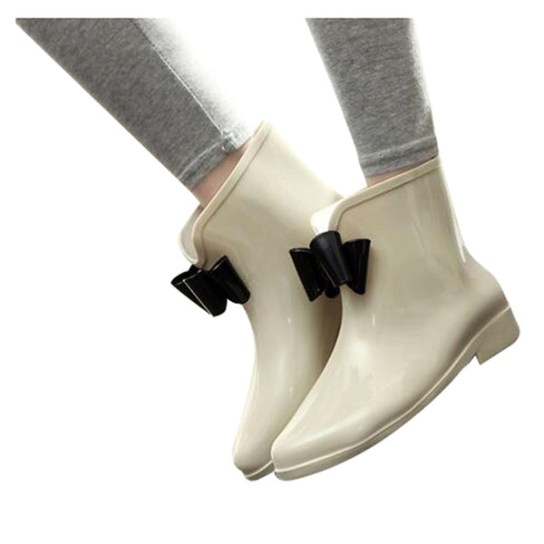HEE GRAND Cute Short Bow Bowknot Rain Boots Rubber Flat Heel Ankle Rainboots Fashion Galoshes Rainshoes 36-40 XWX431