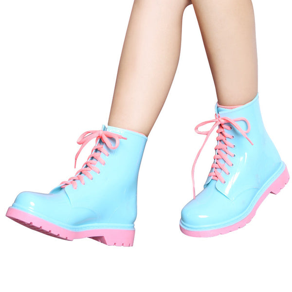 Candy Color Lace-up Ankle Rain Boots