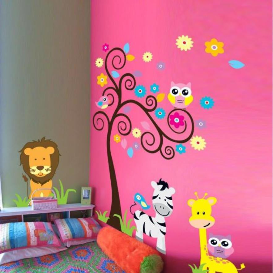 Owl, Zebra, Lion, Giraffe, Flowers, Tree Wall Stickers