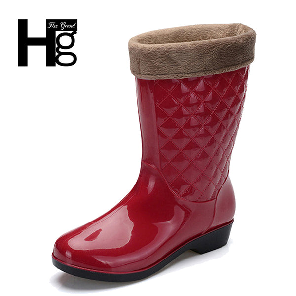HEE GRAND Women Rain Boots Winter Mid-calf Heel Height Increasing Slip On Waterproof with Flock Shoes Woman Rain boot XWX6595