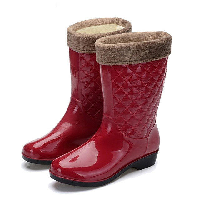HEE GRAND Women Rain Boots Winter Mid-calf Heel Height Increasing Slip On Waterproof with Flock Shoes Woman Rain boot XWX6595
