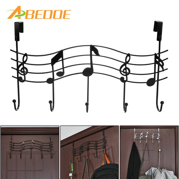 ABEDOE Over the Door 5 Hook Music Hanger Rack No Trace No Nails- Decorative Metal Hanger Space Saving Organizer for Clothes Coat
