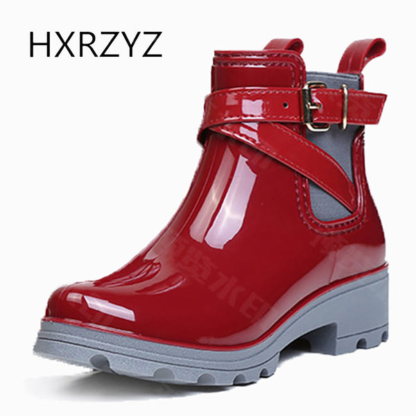 HXRZYZ women ankle rain boots spring/autumn buckle jelly shoes ladies fashion waterproof thick bottom women's high heel boots