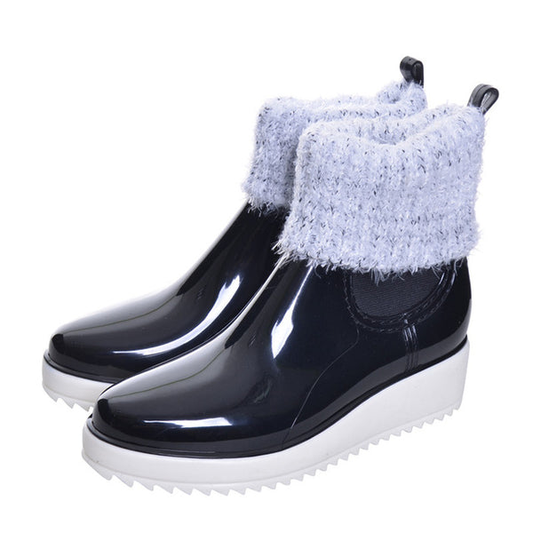 Synthetic Leather Lined Fluffy Rain boots