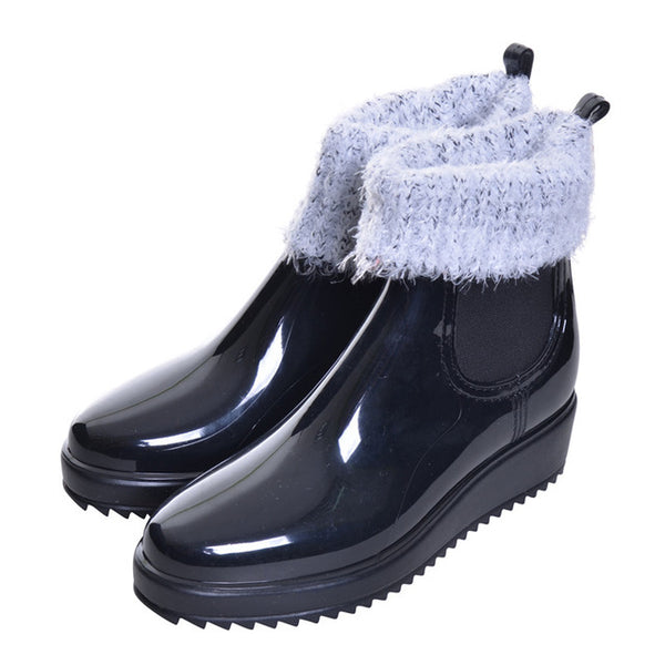 Synthetic Leather Lined Fluffy Rain boots