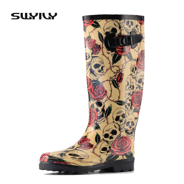 2017 Rose Skull Design Women Rain Boots Sexy Skeleton Head Wild Style Cool Rubber Boots Waterproof Individuality Rain Shoes