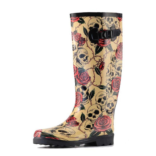 2017 Rose Skull Design Women Rain Boots Sexy Skeleton Head Wild Style Cool Rubber Boots Waterproof Individuality Rain Shoes