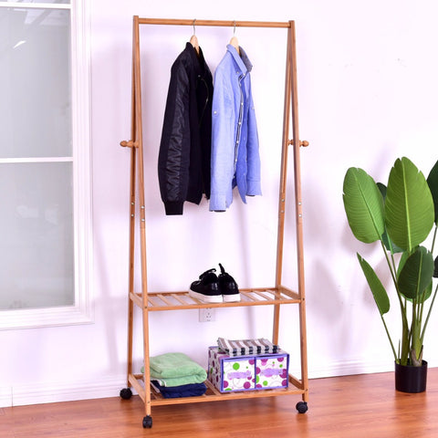Bamboo Garment Rack with Shelves and Wheels