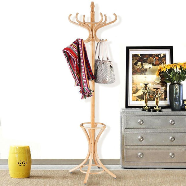 Bentwood Victorian Style Coat Stand - 12 Hooks with Umbrella Stand (Birch Wood)
