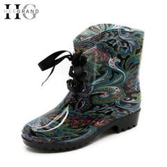 HEE GRAND Ribbons Rain Boots Women Ankle Boots Casual Platform Shoes Woman Lace-Up Flats Women Shoes Size 36-41 XWX4750