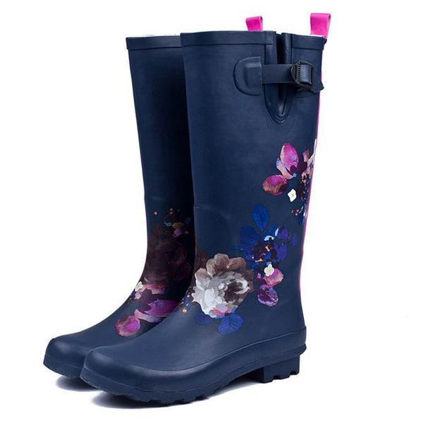 Blue Wellies with Pink Flowers