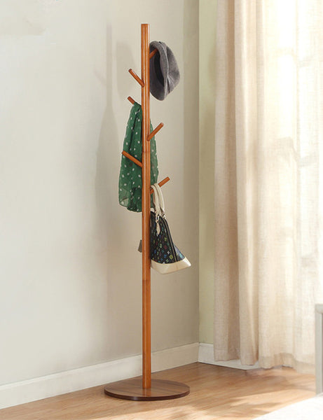 Free Standing 7-Hooks Wood Coat Rack Hall Tree Hat Purse Jacket Coat Rack Stand W/Round Base Wooden Standing Coat Rack Hanger