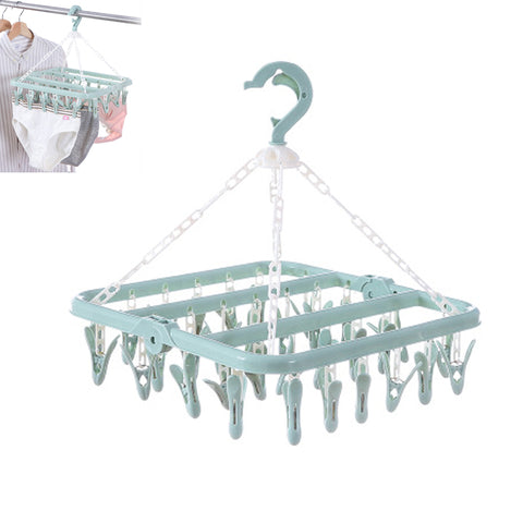 Plastic Clothes Hanger With 32 Clips Multifunctional Folding Clothes Pegs Towel Socks Hanger Racks Hooks Organizer